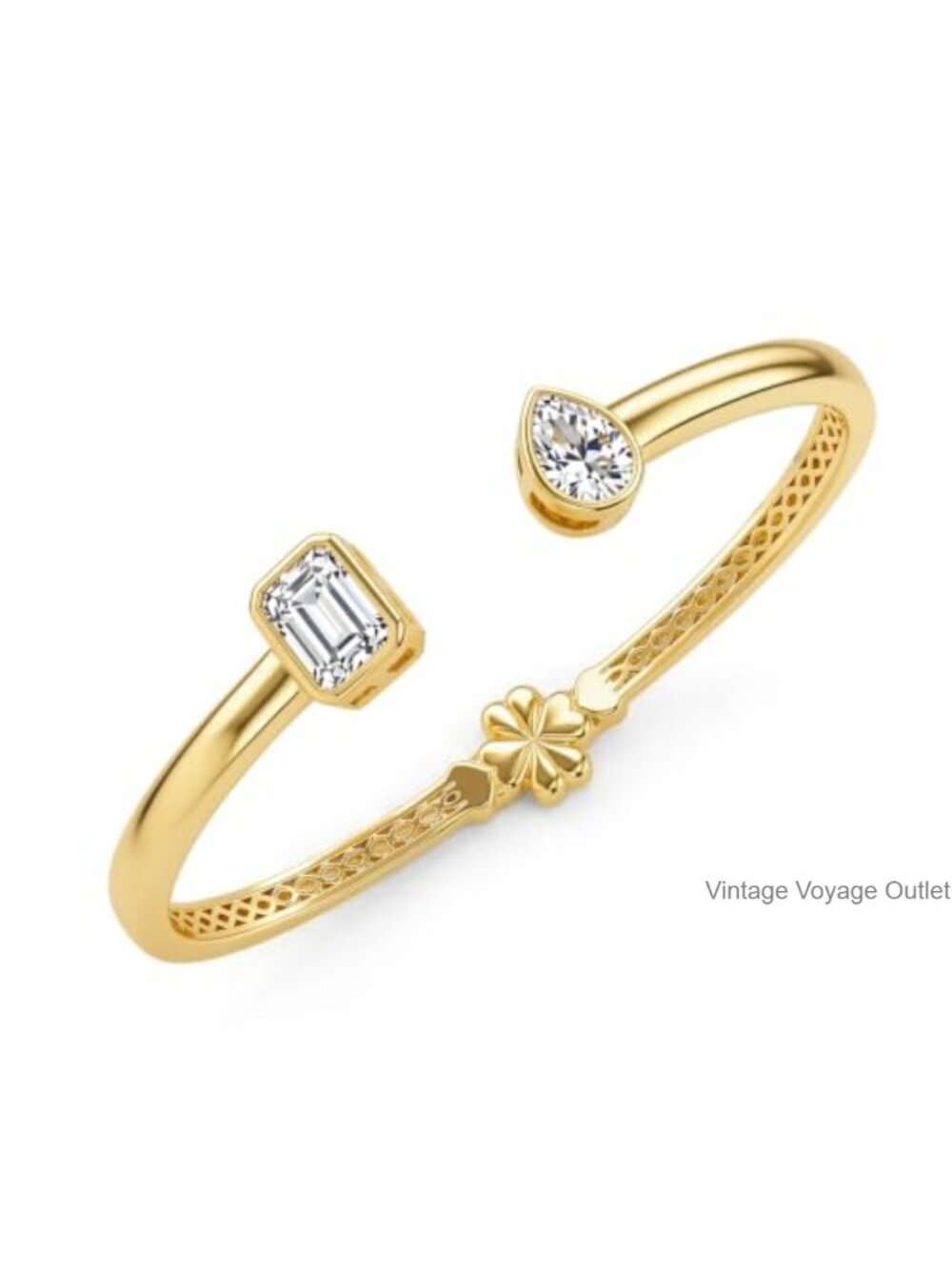 3.25 CTTW Moissanite Cuff Bracelet 14K Gold Plated Toi et Moi Emerald Pear Cut